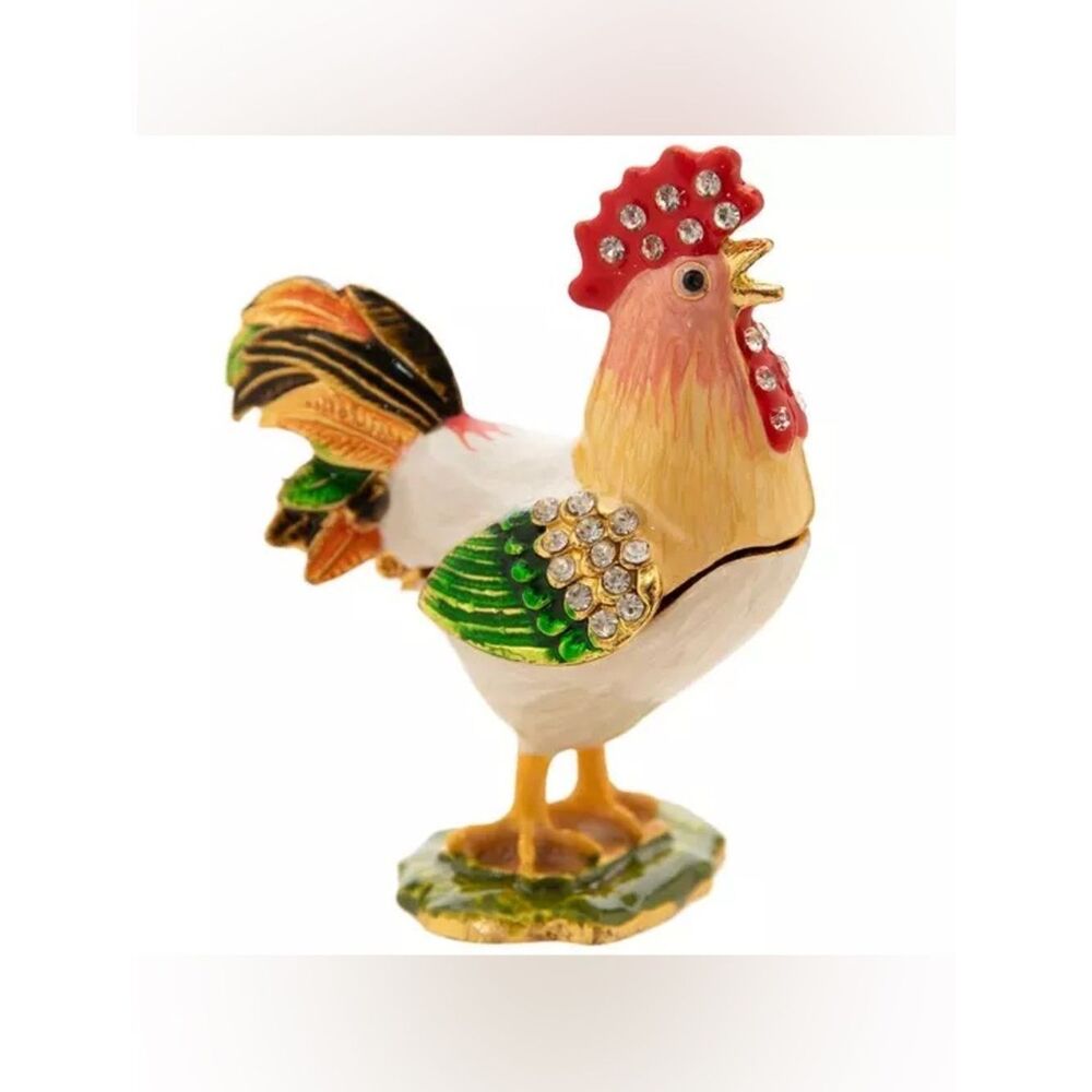 New Jeweled Rooster Trinket Box - Green, Red, Gold Accent